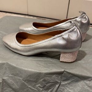 J.crew silver leather Anya glitter block heel in metallic silver 8.5